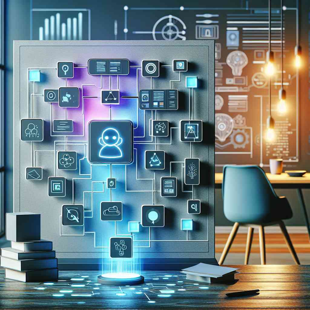 Visual representation of a modular AI workflow builder with drag-and-drop interface elements like chatbots and databases.