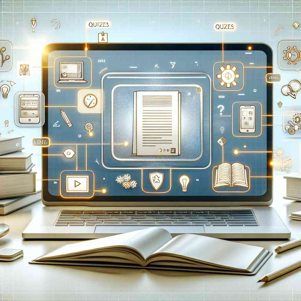 AI generating online course content on a laptop with educational icons