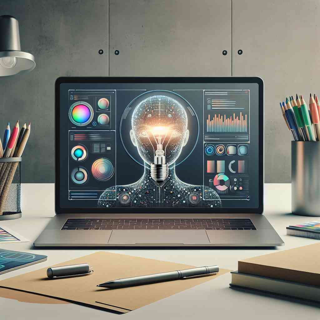 Laptop showing AI-generated presentation and infographic on a creative workspace desk