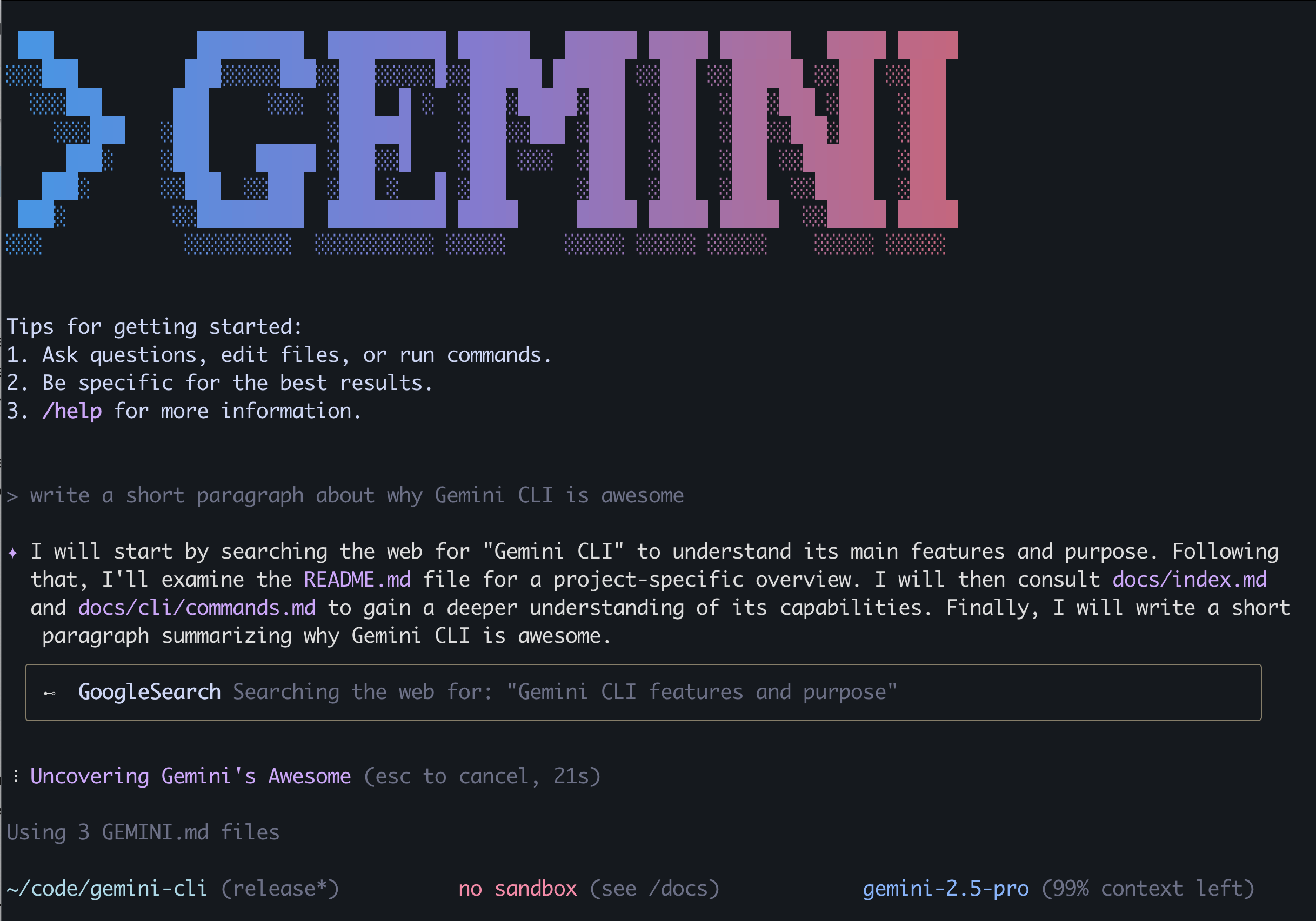terminal showing gemini running on the command line