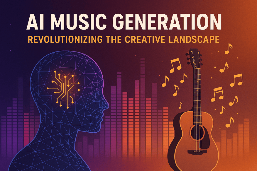 Futuristic digital illustration showing a wireframe human head with a circuit brain and a glowing guitar surrounded by musical notes and sound waves.