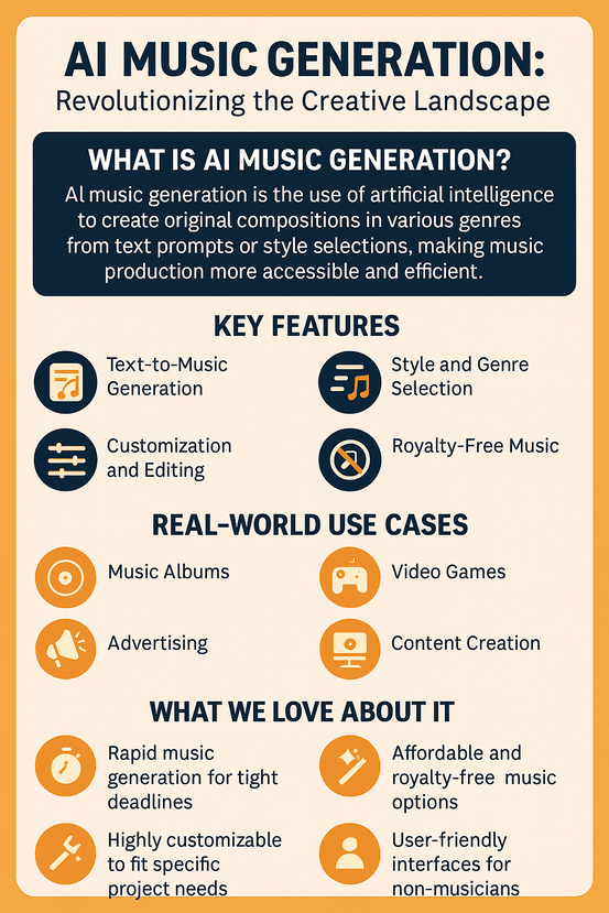 Infographic explaining AI music generation, including its definition, key features, real-world use cases, and benefits in a visually structured layout.