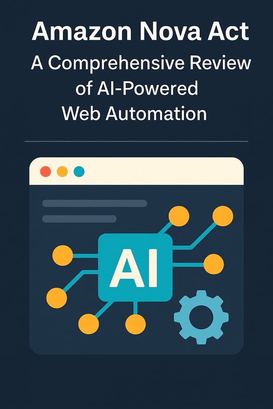 Promotional graphic for Amazon Nova Act showcasing AI-powered web automation features in a sleek browser interface.