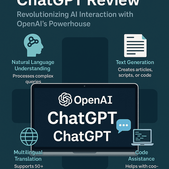 A digital illustration of ChatGPT's AI interface, highlighting key features like code generation, multilingual support, and content creation capabilities.