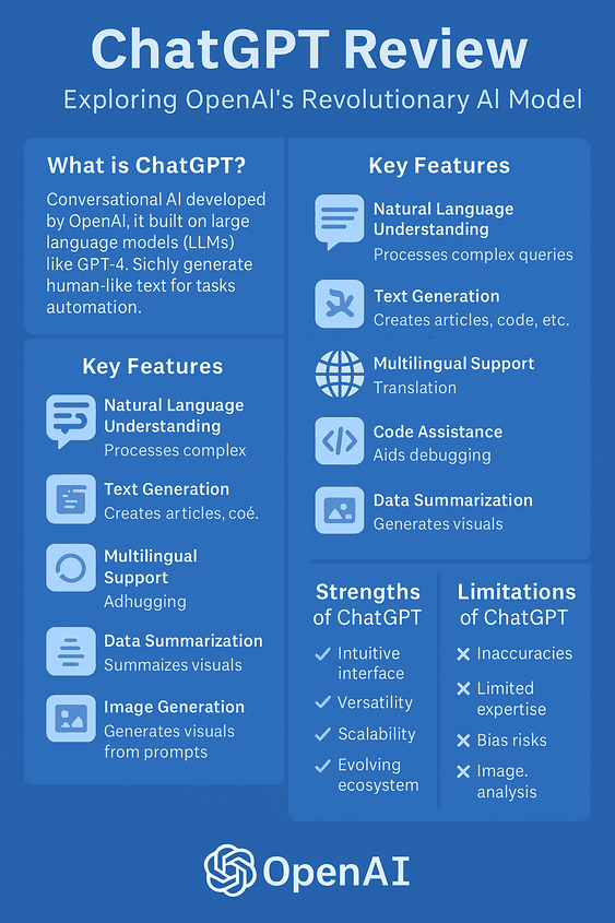 An infographic titled "ChatGPT Review: Exploring OpenAI’s Conversational Power," featuring key features, real-world use cases, pros, cons, and competitor comparisons for the AI tool ChatGPT.