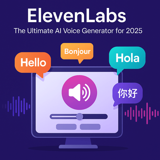 A vibrant digital illustration showcasing ElevenLabs AI voice generator, featuring multilingual speech bubbles, voice waveforms, and futuristic audio icons.