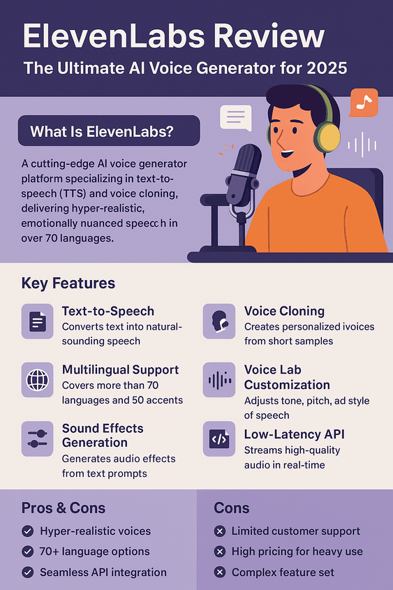 Illustration showcasing ElevenLabs AI voice generator features with multilingual speech bubbles, waveform graphics, and a central interface symbolizing text-to-speech and voice cloning tools.