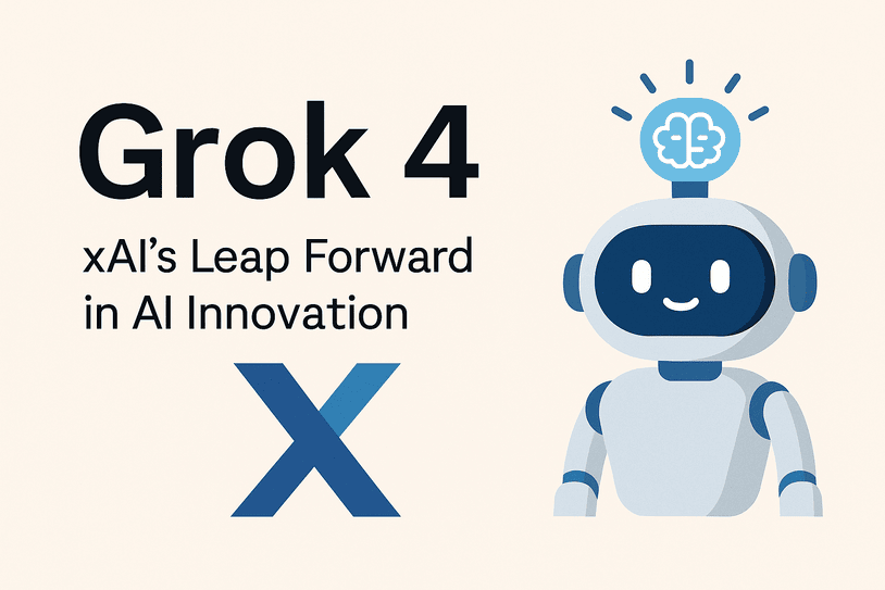 Illustration of Grok 4 by xAI with a robot icon, brain graphic, and bold X symbol representing AI innovation.