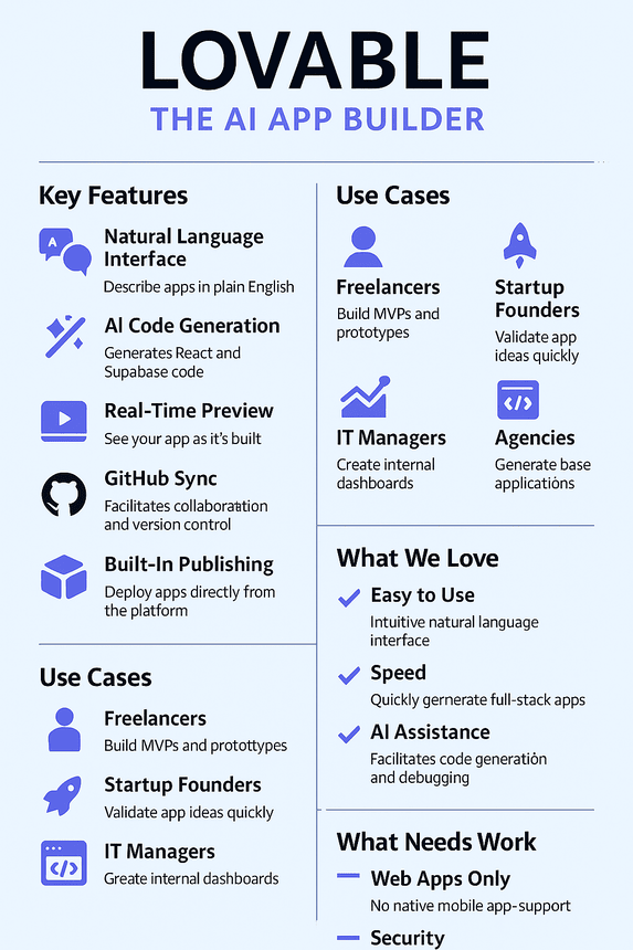 A flat-style infographic titled "Lovable: AI App Builder Review" displaying key features, use cases, pros, cons, and comparisons of the Lovable platform.