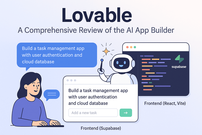 A digital graphic illustration showcases Lovable, an AI-powered app builder, highlighting features like natural language input, real-time preview, Supabase integration, GitHub sync, and AI code generation for frontend and backend.