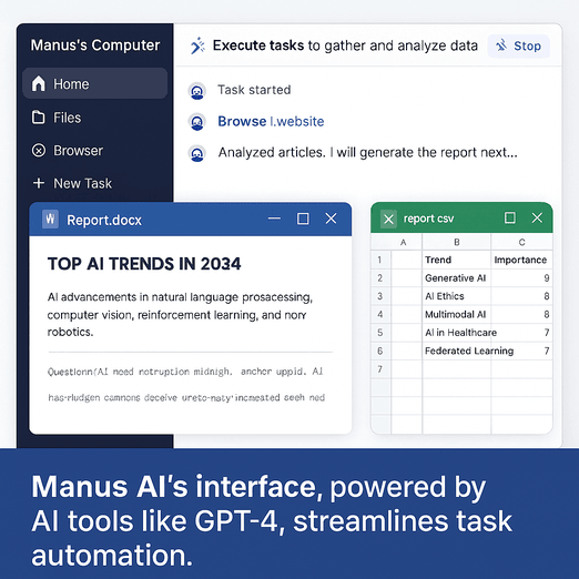 Flat-style infographic titled "Manus AI: Revolutionizing Automation with Advanced AI Tools" showcasing features like task automation, real-time web navigation, multi-model integration, and use cases across journalism, real estate, and academic research.