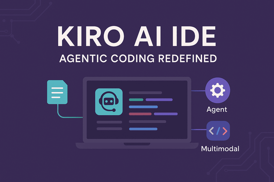 Illustration of a laptop displaying Kiro AI IDE with icons for agent automation and multimodal input, labeled “Kiro AI IDE: Agentic Coding Redefined.”