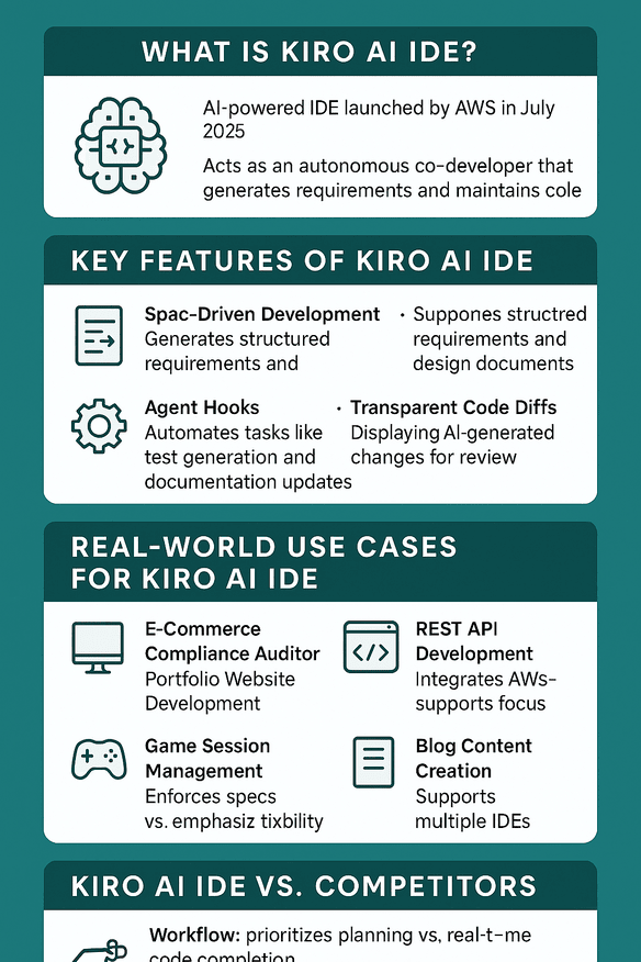 Infographic showing Kiro AI IDE features, real-world use cases, and comparisons with competitors like Copilot and Cursor on a teal background.