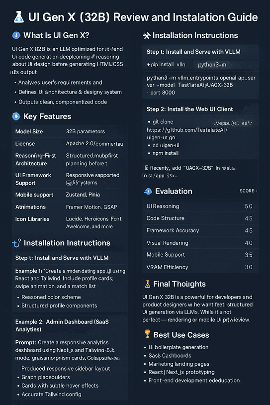 Illustration showing UI Gen X 32B model being locally installed via VLLM with visual elements of frontend dashboards, HTML code snippets, and React components.