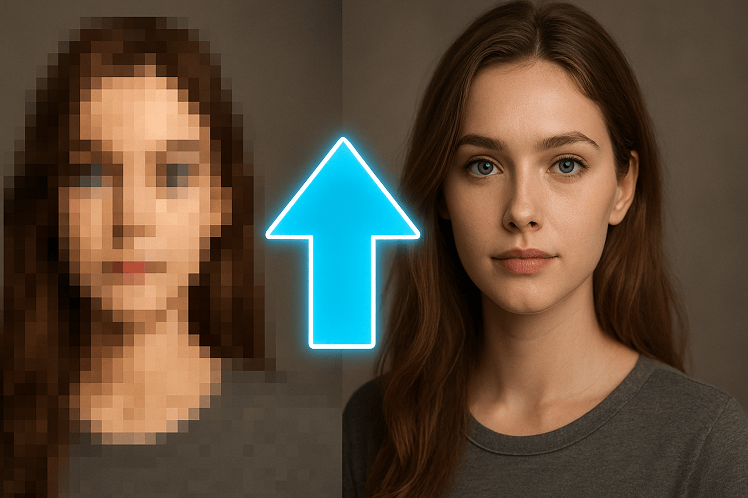 Pixelated image transforming into a sharp, high-resolution version with AI upscaling.