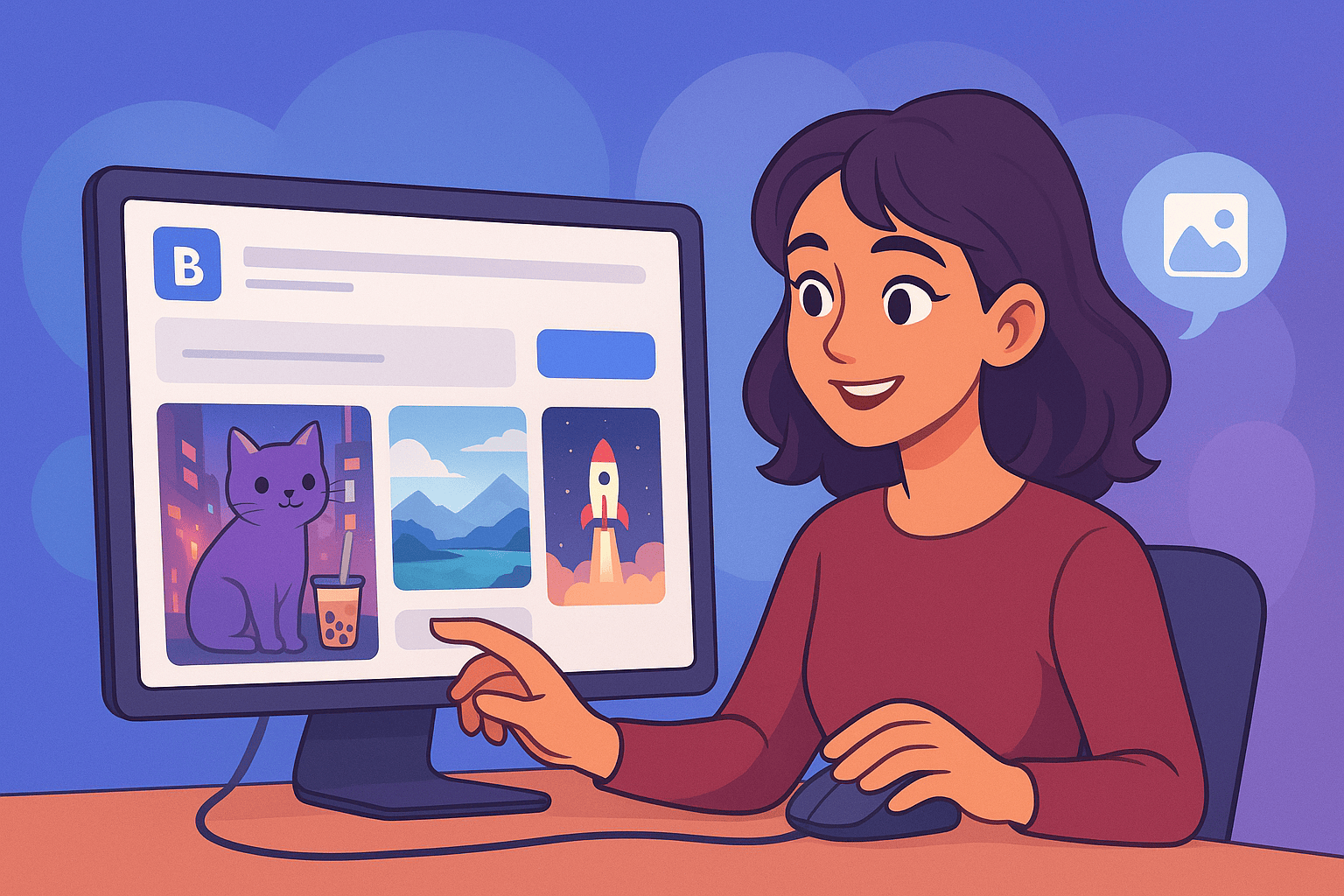 A young woman using a laptop with vibrant AI-generated images floating around her in a modern digital workspace.