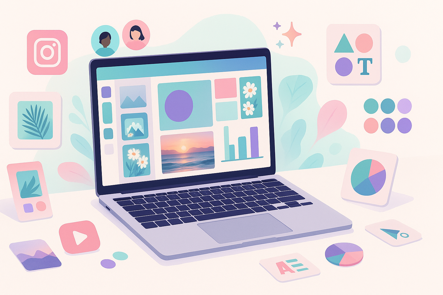A flat-lay illustration of a laptop displaying a vibrant design interface surrounded by colorful digital design elements like icons, charts, images, and templates in pastel colors.
