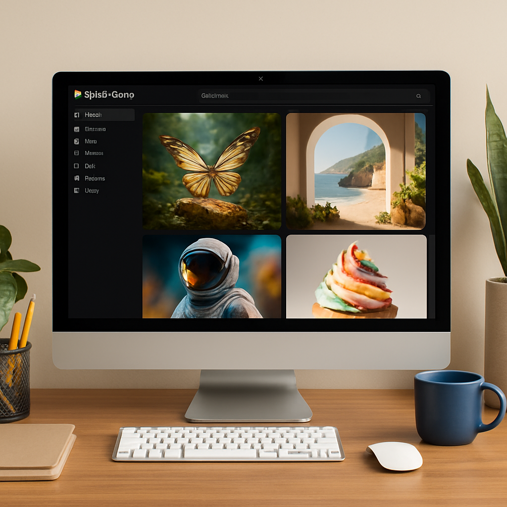 Modern computer screen displaying AI-generated digital artwork with nature, space, and abstract themes, on a minimalist desk.
