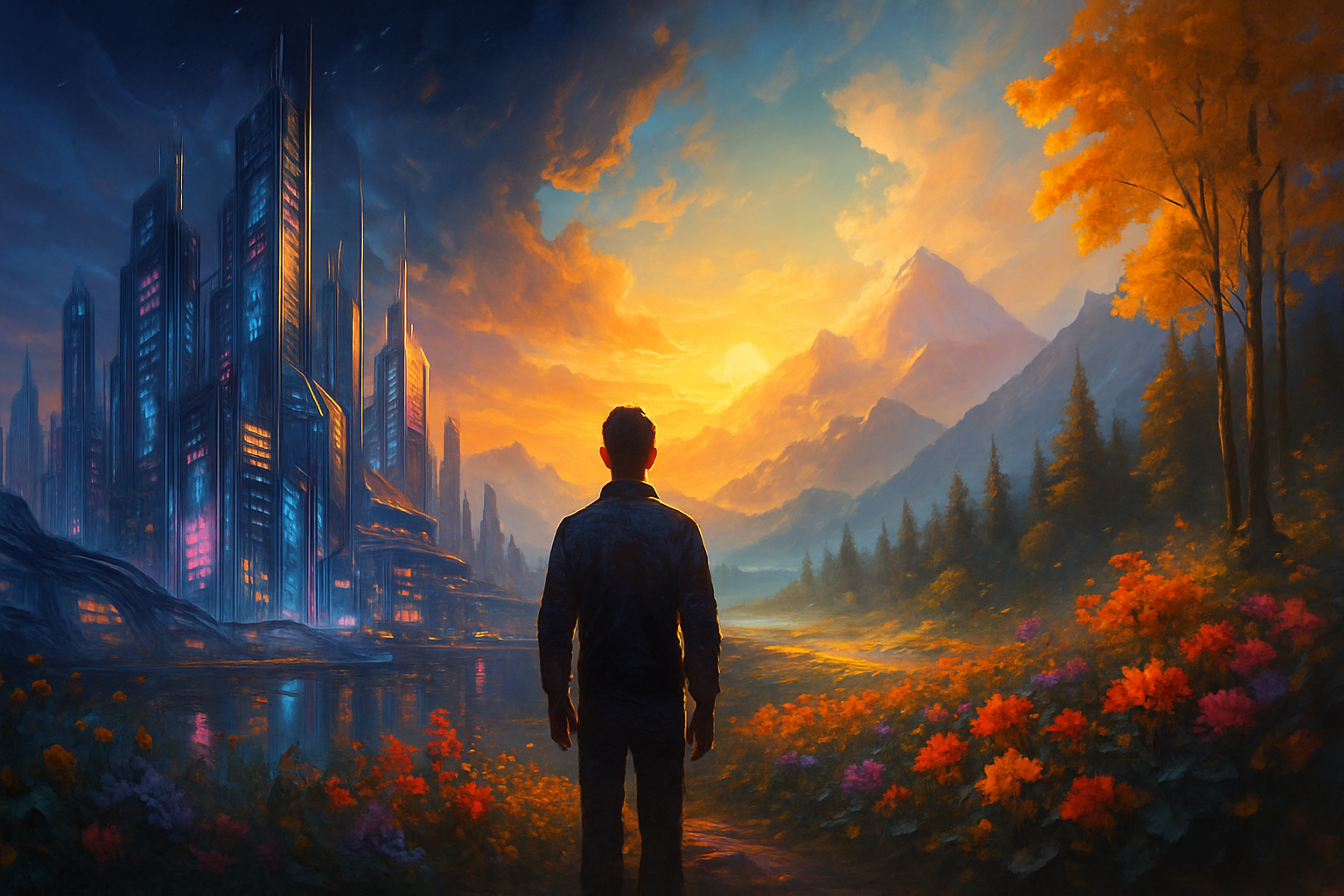 Colorful semi-realistic digital painting of an imaginative AI art scene with swirling skies, glowing particles, and abstract shapes symbolizing creativity