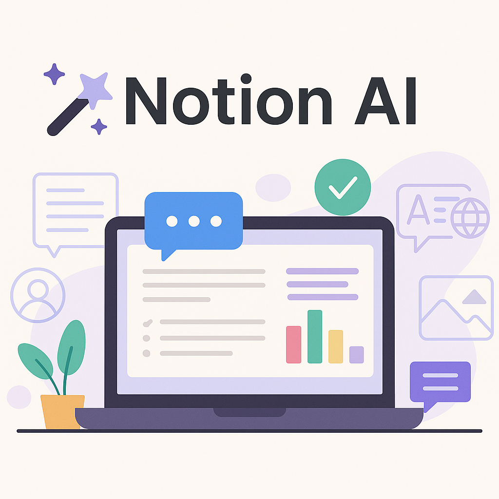 Illustration of a digital workspace featuring Notion AI tools, with floating icons representing writing, translation, and productivity.