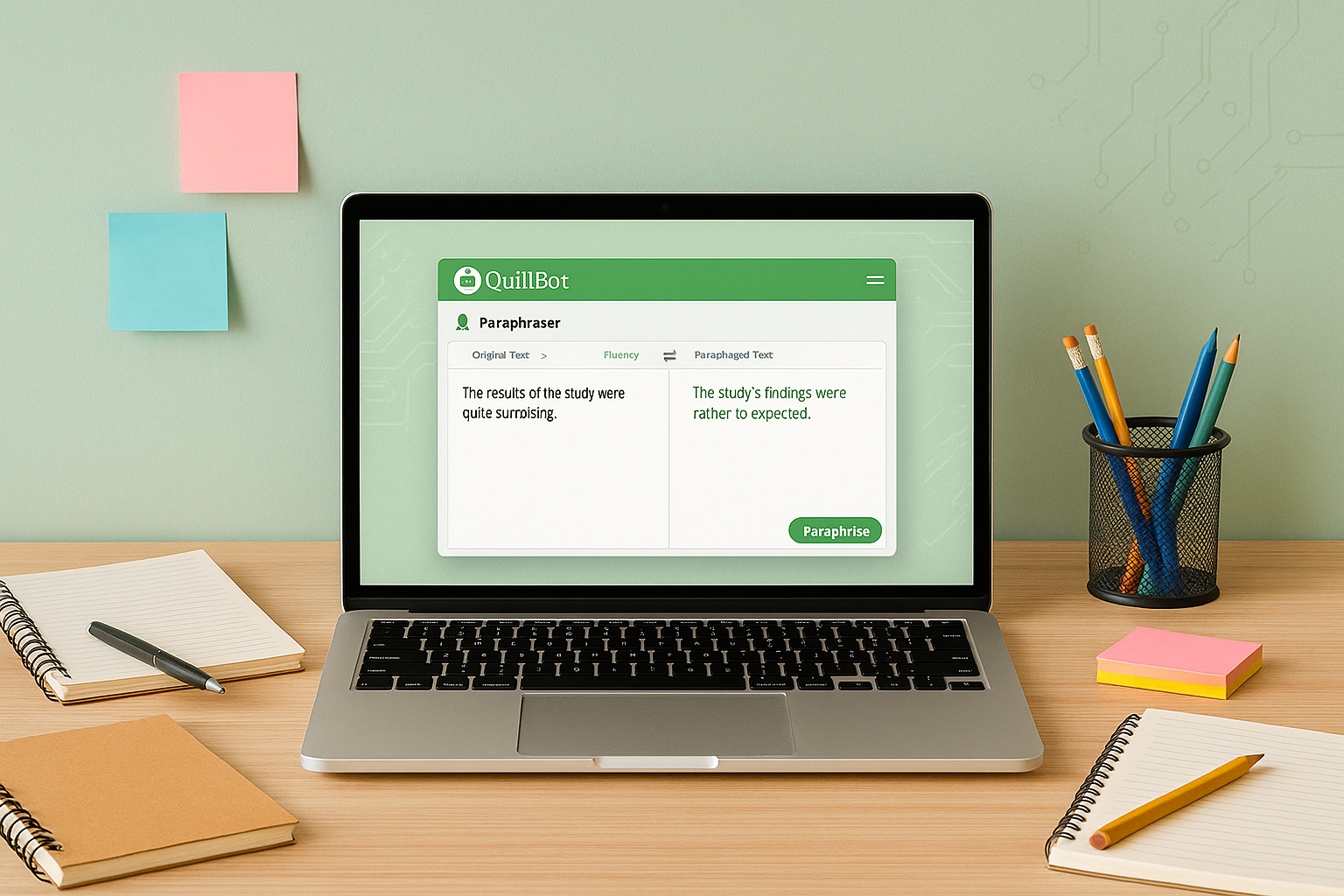 Laptop on a tidy wooden desk displaying QuillBot’s paraphraser, flanked by notebooks, colorful sticky notes, and a cup of pencils against a mint-green wall.