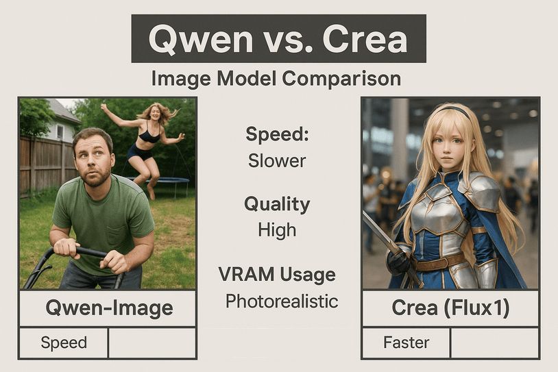 Infographic comparing Qwen-Image and Crea (Flux1) models with sample outputs, highlighting differences in speed, quality, and VRAM usage.