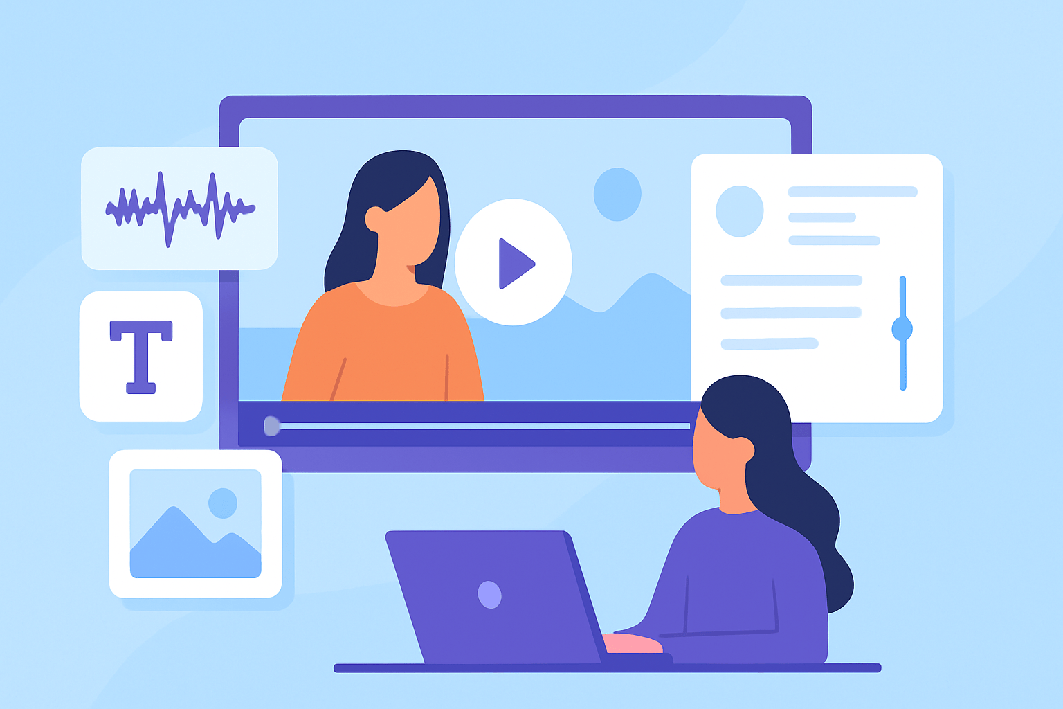 AI-powered video creation concept showing a laptop with vibrant video scenes and media elements emerging from the screen