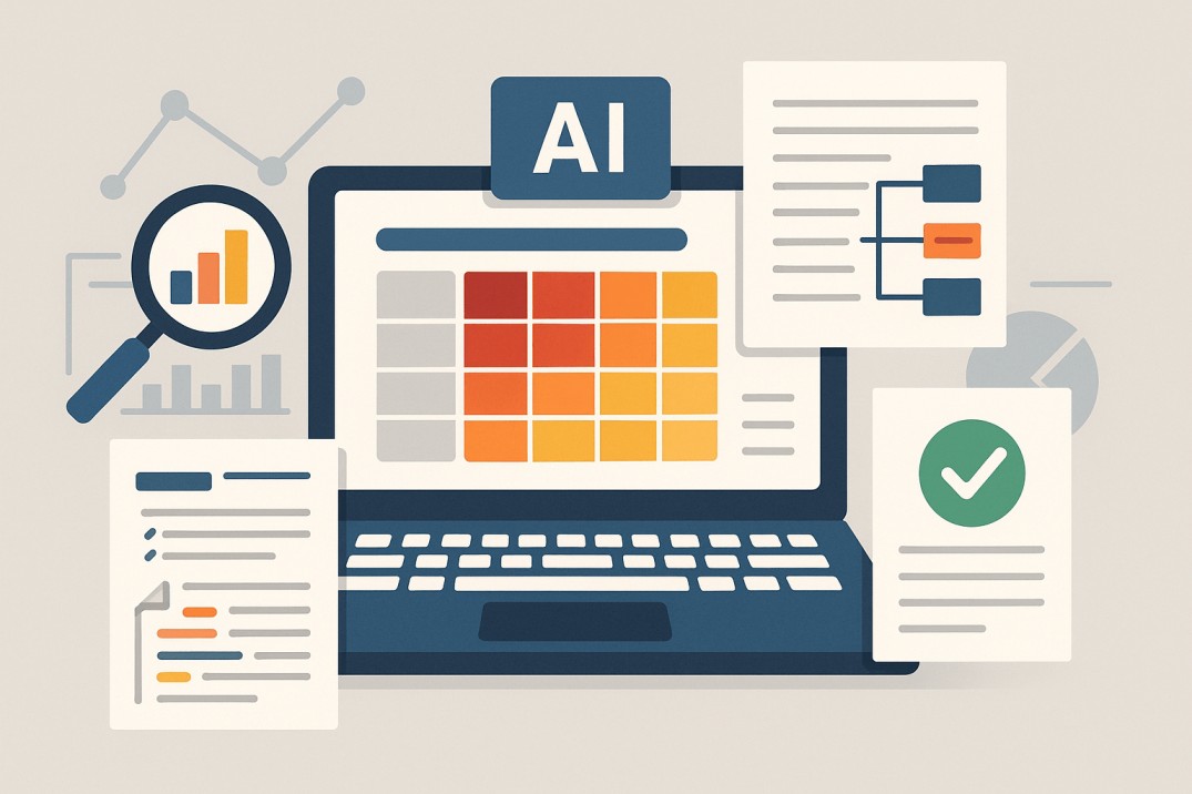 Flat-style digital illustration of an AI-driven content strategy dashboard, showing a laptop with colorful topic gap analysis, magnifying glass, flowcharts, and documents symbolizing research, optimization, and competitive analysis.
