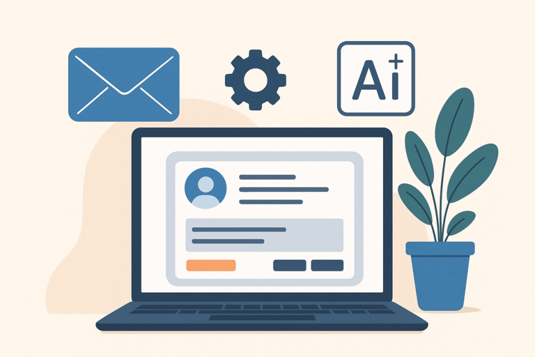 Illustration of a laptop creating an email signature with AI enhancement icons and a plant beside it.