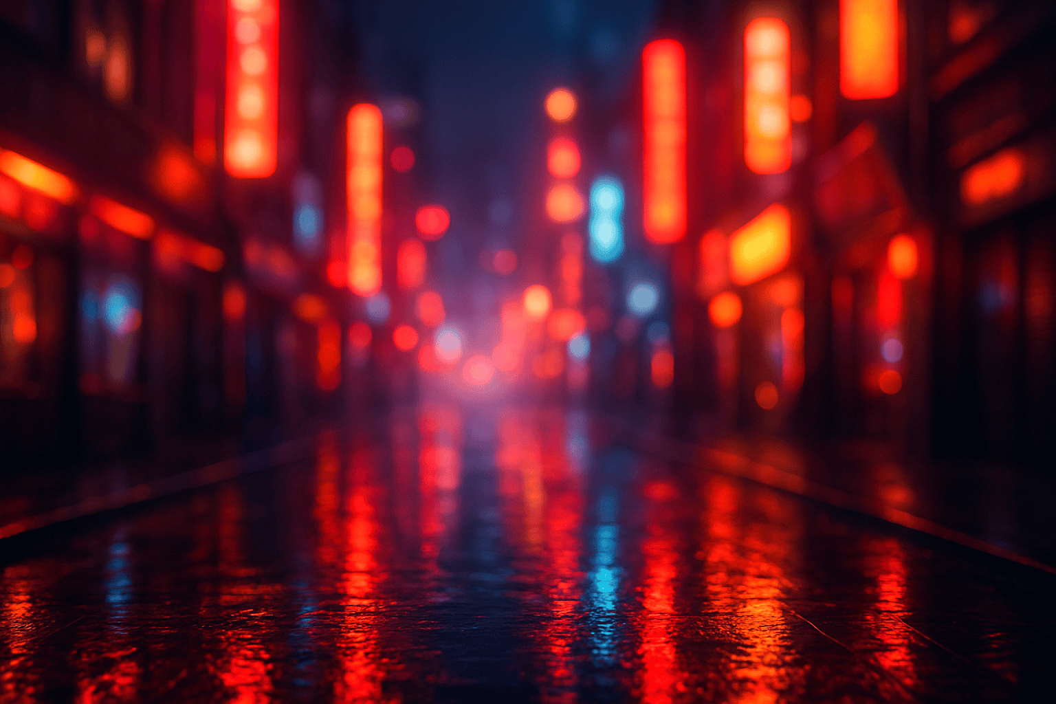 Rain-soaked city street at night with neon lights reflecting in puddles, viewed down the empty roadway in soft focus.
