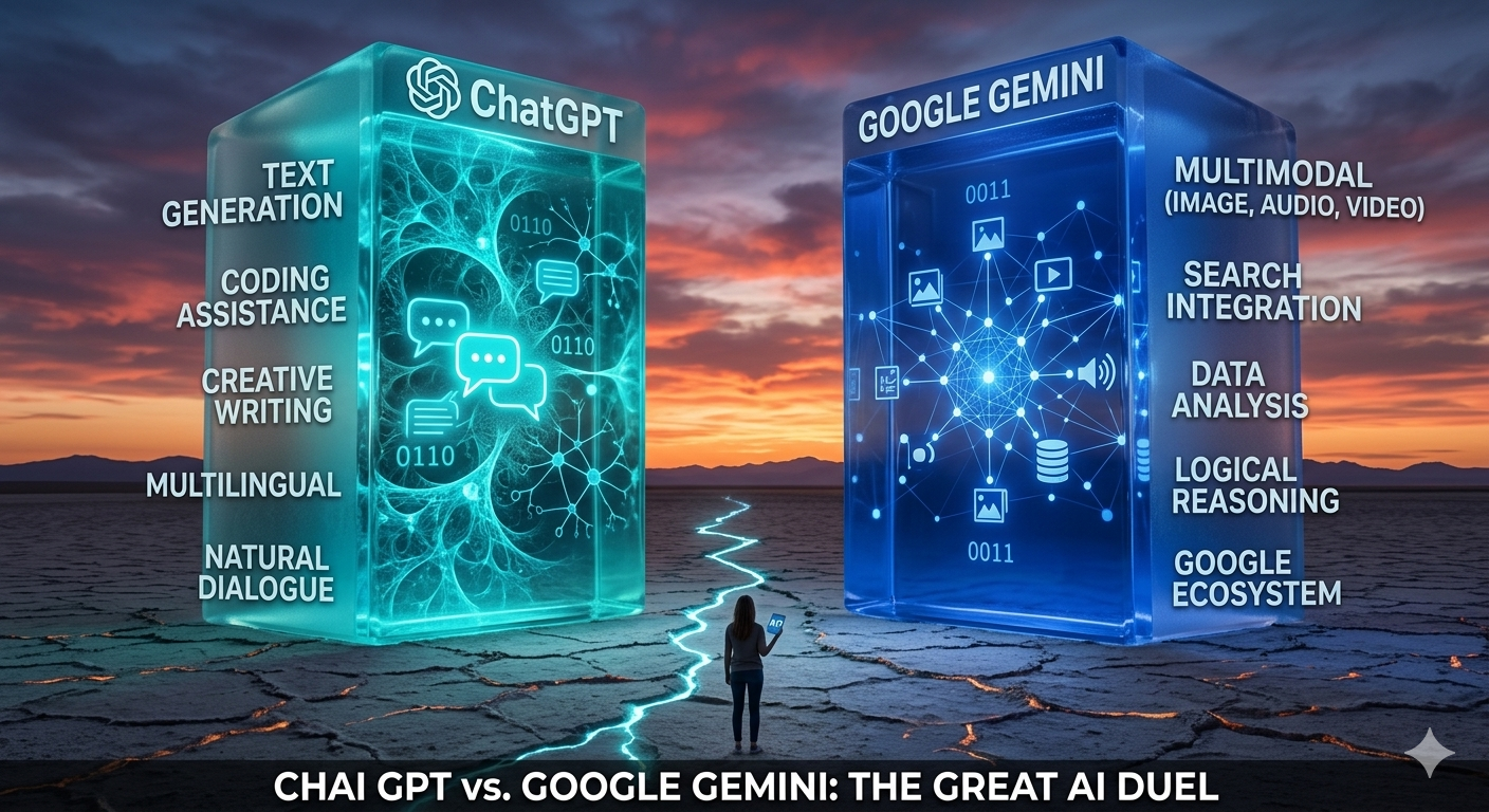 Title: A dramatic visualization comparing ChatGPT and Google Gemini as two monumental, glowing glass blocks in a twilight desert landscape. A woman stands between them, with feature lists for each AI model displayed alongside their respective blocks.